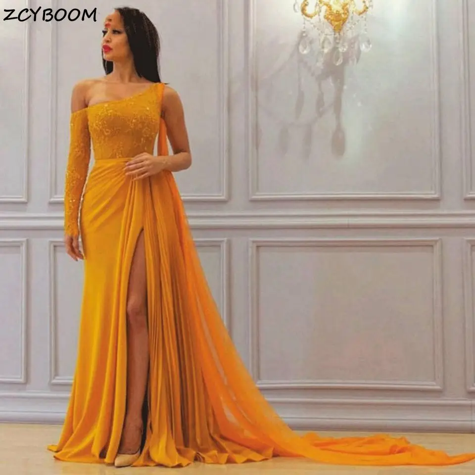 

Gold Prom Dress 2025 New Women Formal Party Night One-Shoulder Vestidos De Gala Chiffon Sexy Split Elegant Long Evening Gowns