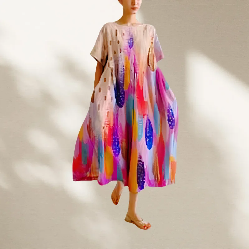 

Fashion Printed Cotton And Linen Dress Women Summer Short Sleeves Loose Holiday Beach Long Dress 2025 New