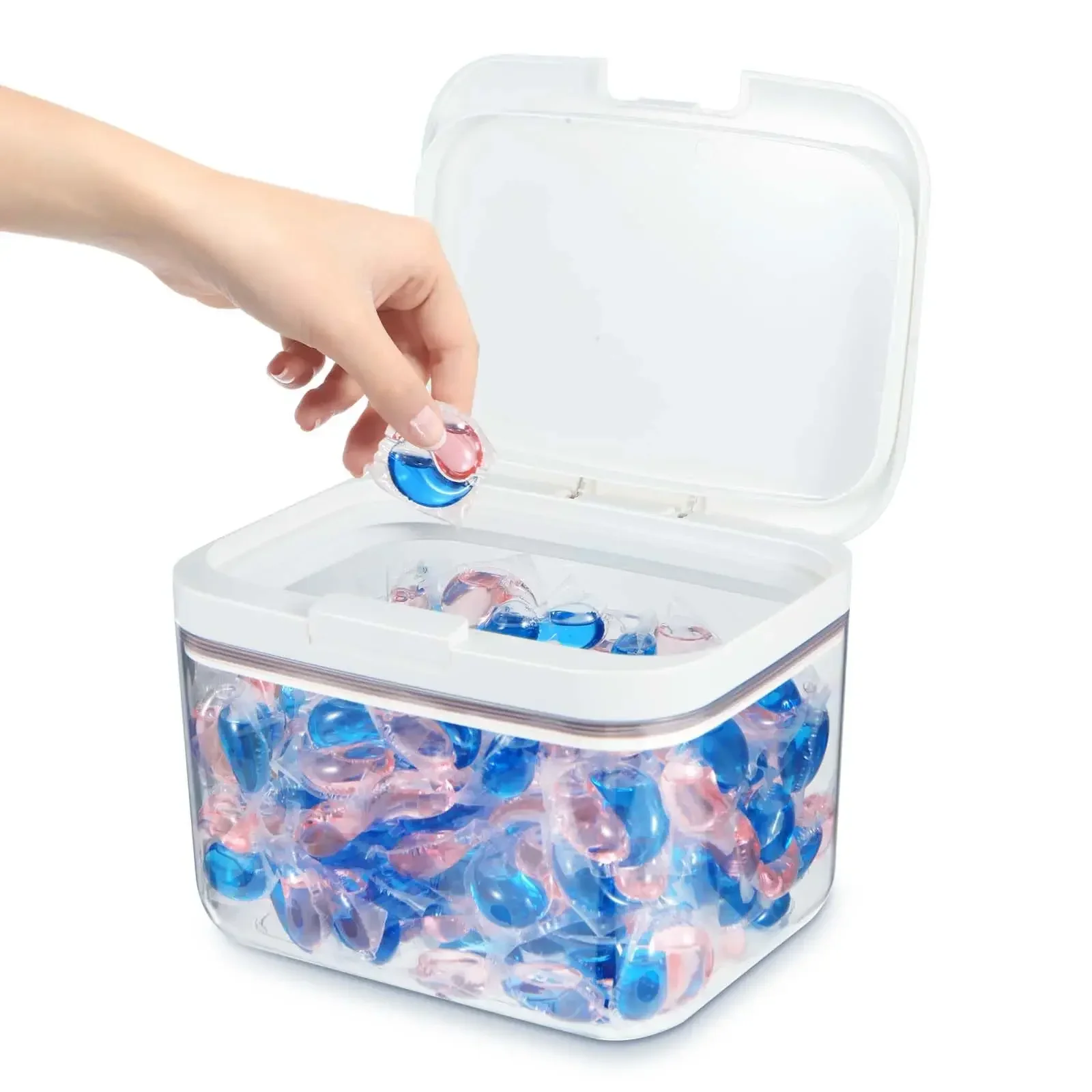 1pcs Laundry Pods Container Automatic Pop-up Dishwasher Box Clear Washing Powder Container Multipurpose Case with Measuring Cup