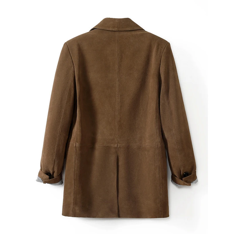 Retro Płaszcz ze Skóry Zamszowej w Kolorze Kawy z Motywem Krowy, Jesienno-Zimowy, Damski, Normalny Krój na Ramionach, Dwa Guziki, Wąski Krój, Rękawy w Paski, Skórzana Marynarka, Chaqueta Mujer