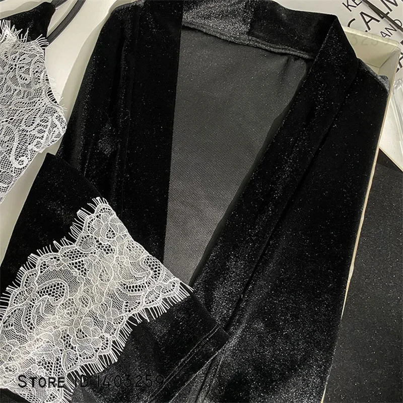 

Сексуальная лоскутная кружевная бархатная ночная рубашка и халат, комплект ночной рубашки, осень-зима, новая одежда для сна, домашнее платье, свободная повседневная одежда для дома, ночное белье