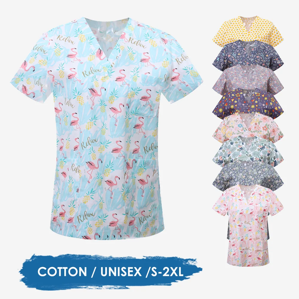 

Medical Uniform for Women Cute Animal & Flower Print V-Neck Clinical Scrub Short Sleeve Patch Pocket Tops Surgical Uniforms Men