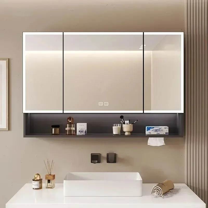 

Bathroom LED Cabinet Vanity Bathroom Furniture Wall-mounted Space Aluminum Mirror Light Integrated Cabinets with Storage Rack Y