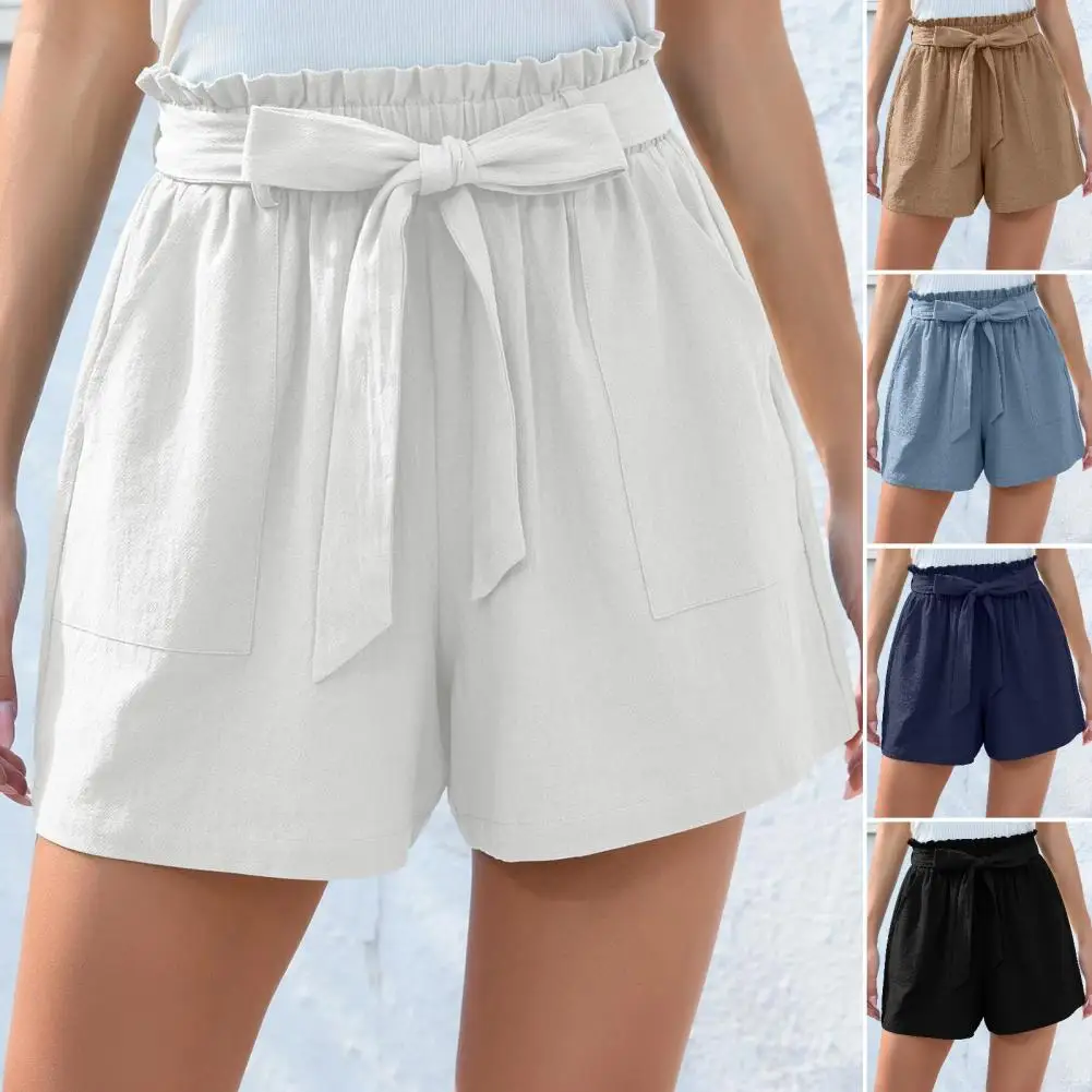 

Europe America New 2024 Summer Women's Loose Linen Casual Shorts Pockets Solid High Waist Wide Leg Pants Club Party Mini Shorts