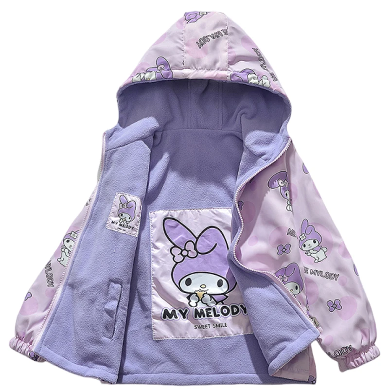 

Весна-Осень 2022, детские пальто с капюшоном для девочек-подростков Sanrio My Melody, двусторонняя одежда, бархатные ветровки, куртки, детская верхняя одежда