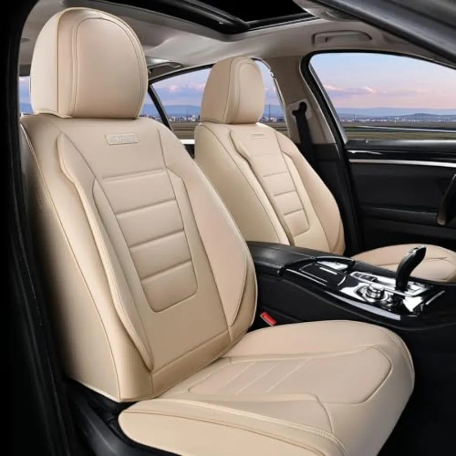 

Front Seat Car Seat Covers Beige Nappa Leather 2-Pack Waterproof Universal Fit Seat Protector Cushion for Most Cars Trucks