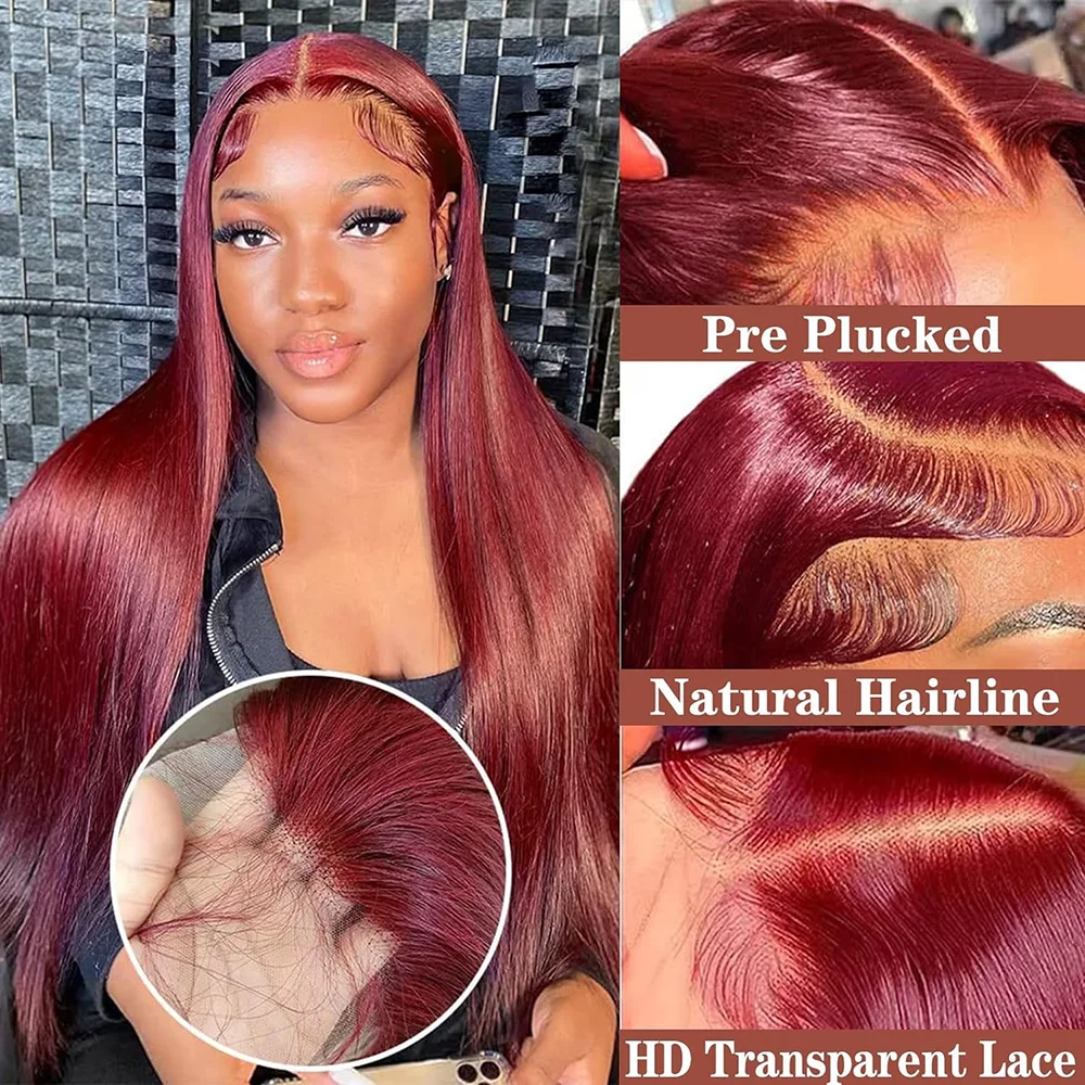 18-46 Inch 99J Burgundy Bone Straight 13x4 Human Hair Lace Front Wig Red Colored Brazilian Transparent Lace Frontal Wig For Women