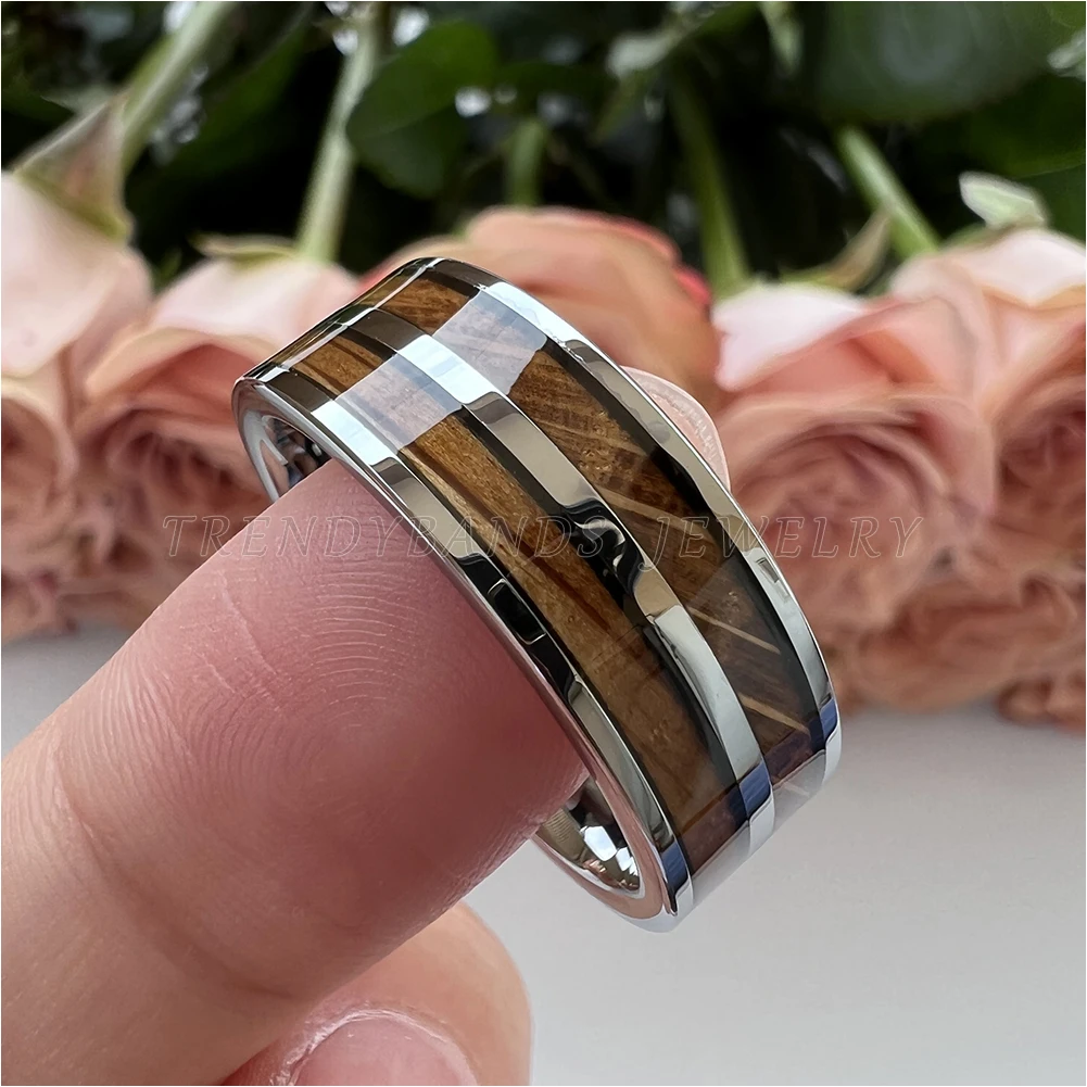 8 mm Herren- und Damenring, Wolfram-Ehering, Paar-Modeschmuck, Whiskyfass, Holzeinlage, poliert, glänzend, bequeme Passform – Detail 14