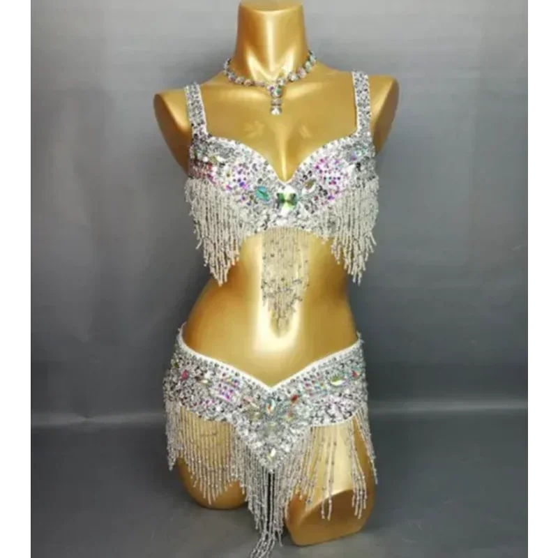 wear Bar+Belt set sexy female bellydancing costumes High quality Women's beaded Crystal belly dance costume