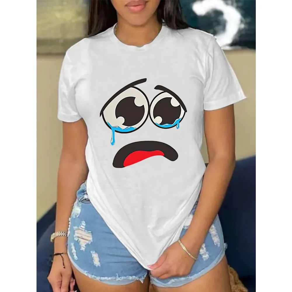 Sad Cry Printed T-shirt, Short Sleeve Round Neck Casual Top, Summer and Spring, Women's Wear