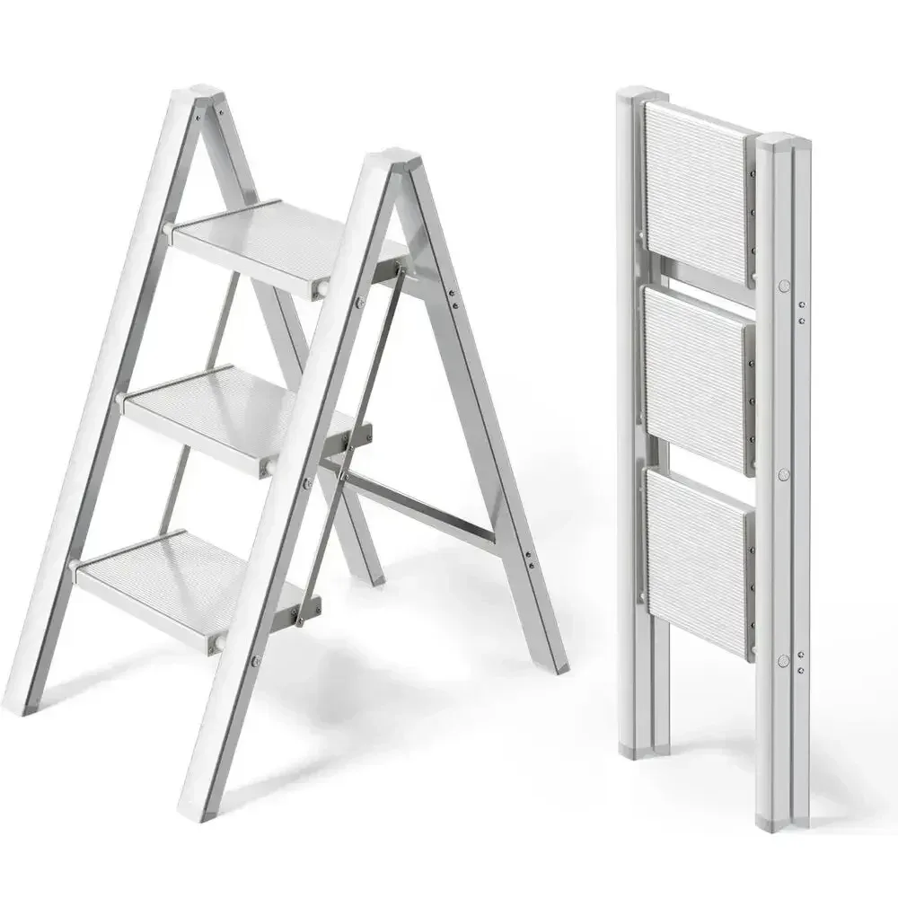 Step Ladder Aluminum Folding Step Stool W/ Wide Anti-Slip Pedal Home Office Lightweight Portable Stepladder (Silver,black)