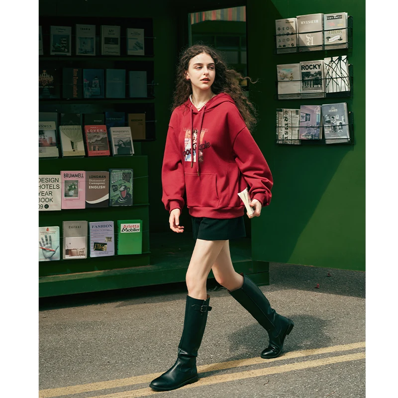 OLrain Hooded Loose Sweatshirts Women's Autumn 2026 New Fashion Casual Fleece Top Commute Pocket Printing Pullovers O23DR88319