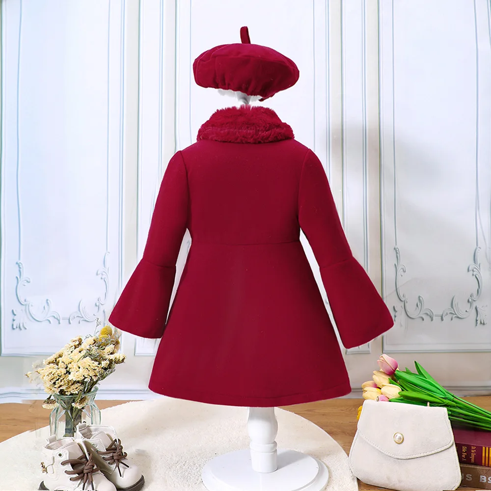 Kids Casual Coat For Girls Clothes Winter 2024 New Child Fashion Long Sleeve Fur Collar Red Outwear Tweed Coat with Beret Hat