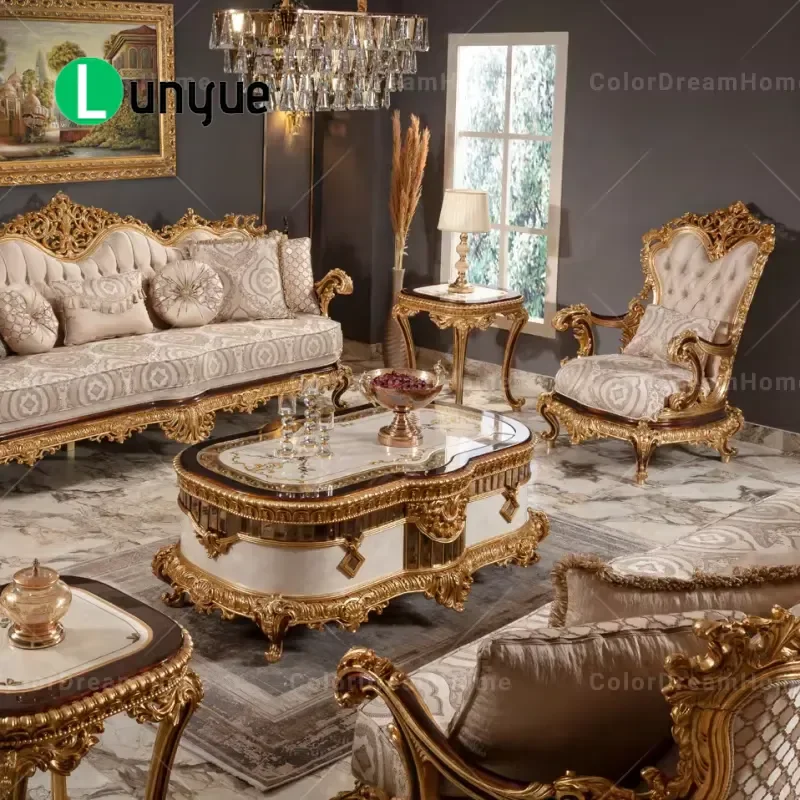 Luxury Classic Carved Solid Wood Sofa with Gold Accents High Quality Living Room Furniture Elegant Turkish Style Couch for