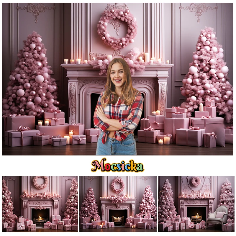 

Mocsicka Pink Christmas Fireplace Backdrops For Home Party Child Adult Portrait Photography Xmas Tree Gift Box Wreath Decoration