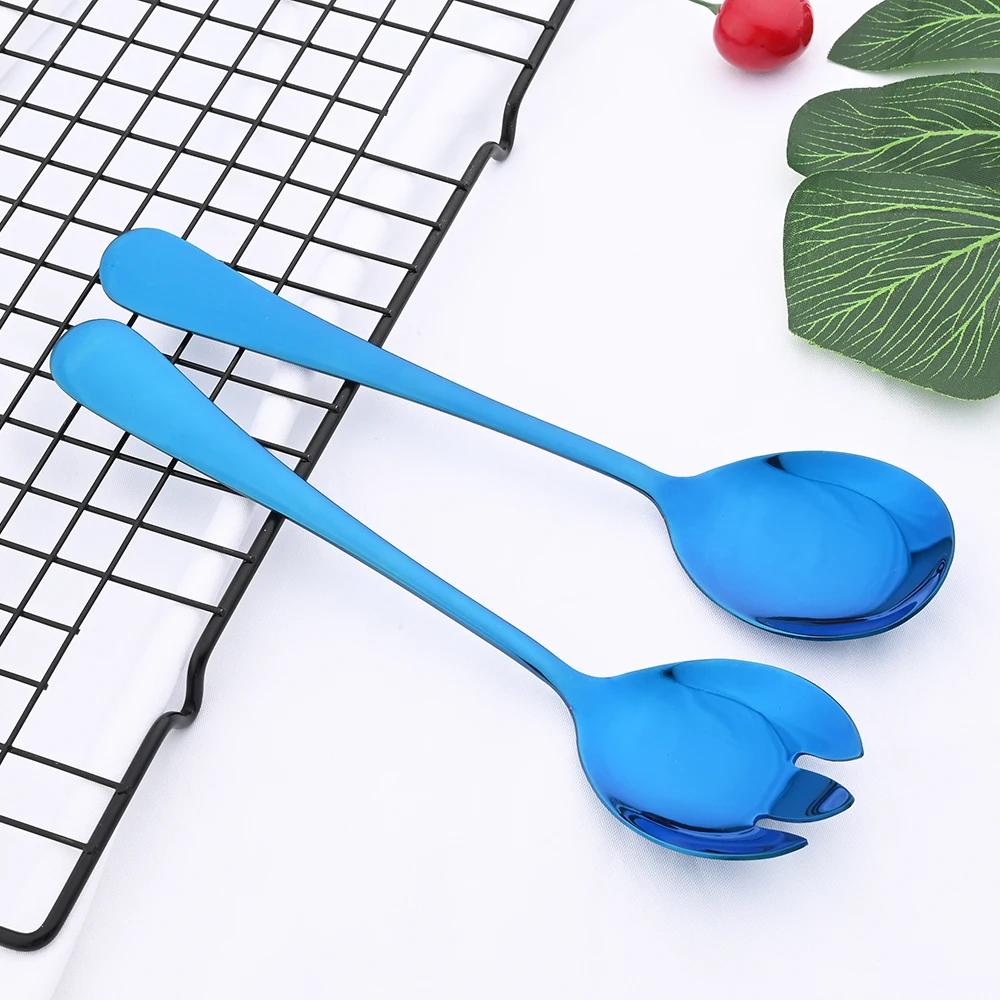 Black 2PCS Salad Spoon Fork Dinnerware Stainless Steel Tableware Cutlery Set Serving Spoon Set Colorful Unique Spoon Flatware