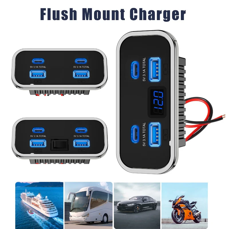 

4 Ports 12V RV USB Outlet Dual PD3.0 Type-C Quick Charge & QC3.0 Panel Wall Mount Charger Adapter for Car Boat ATV Motorcycle