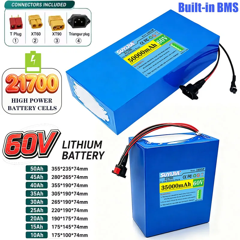 Pack de batteries au lithium 21700 60V 50Ah 45Ah 40Ah 35Ah 30Ah 25Ah 20Ah 15Ah haute puissance 3000W pour moto électrique 67.2V