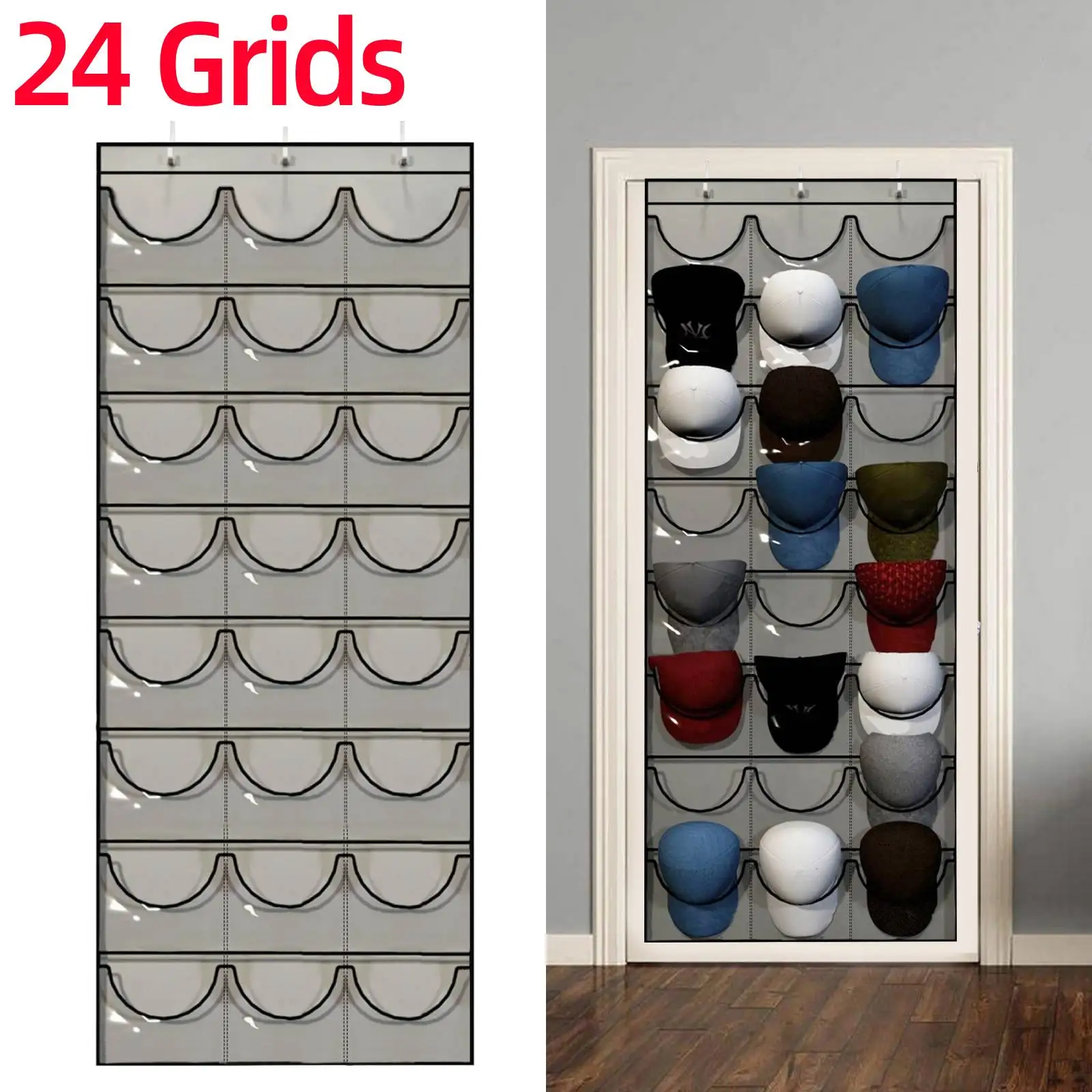 24 Grids Hat Organizer Racks for Baseball Caps Door Hanging Holder Storage Rack with 3 Hooks for Wall Door Closet Organizer