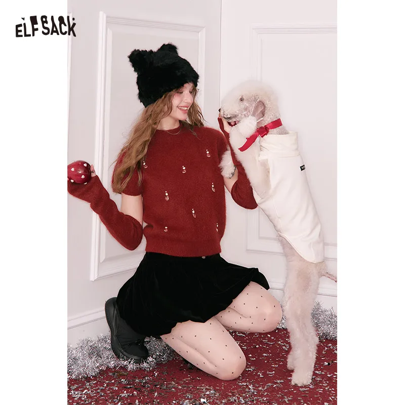 

ELFSACK Y2K Christmas Solid Rhinestone Half High Neck Patchwork Sleeve Sweater For Women