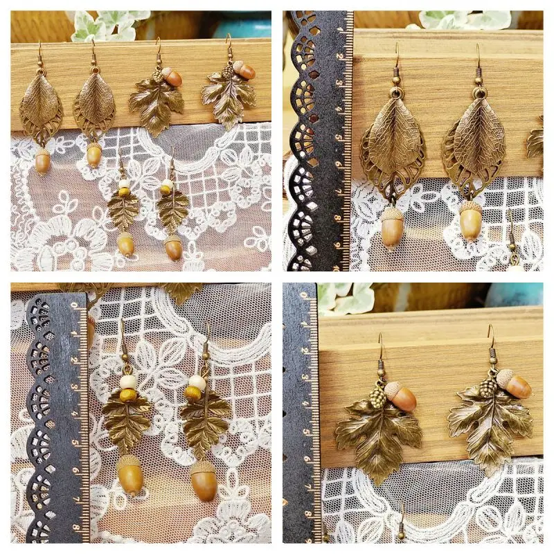 Vintage Leaves Earrings Creative Forest Style Natural Earrings Retro Dried Acorn Fruit Accessories Statement Jewelry Wholesale