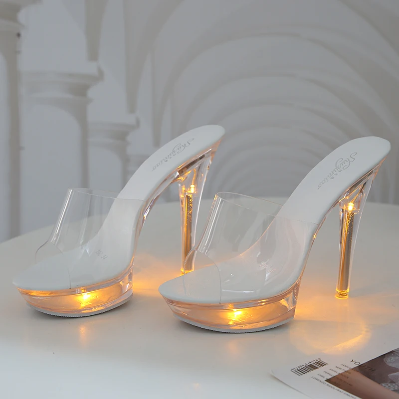 Sexy 13CM Ultra-heeled Sandals Stiletto Platform Sandals Transparent Crystal Shoes Wedding Slippers LED Glowing Shoes Size 34-43