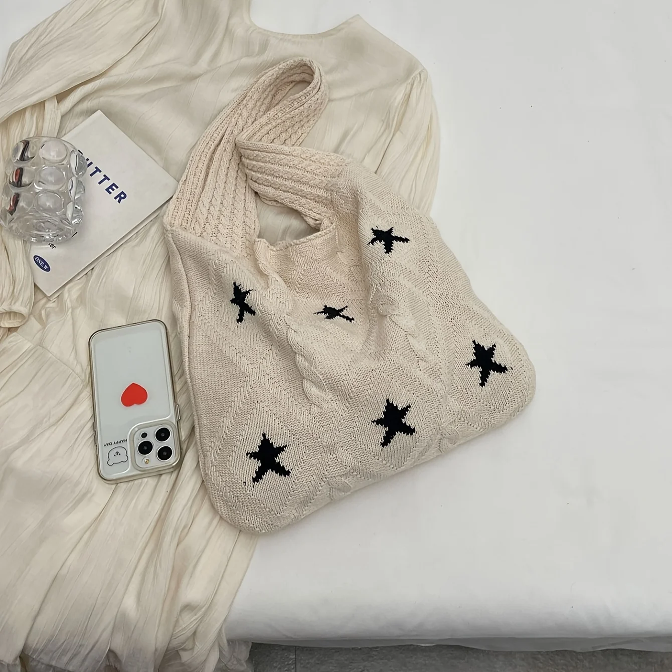 حقيبة حمل محبوكة بنمط نجمة، حقيبة كروشيه جمالية للنساء، منسوجة قديمة للسفر والشاطئ #6