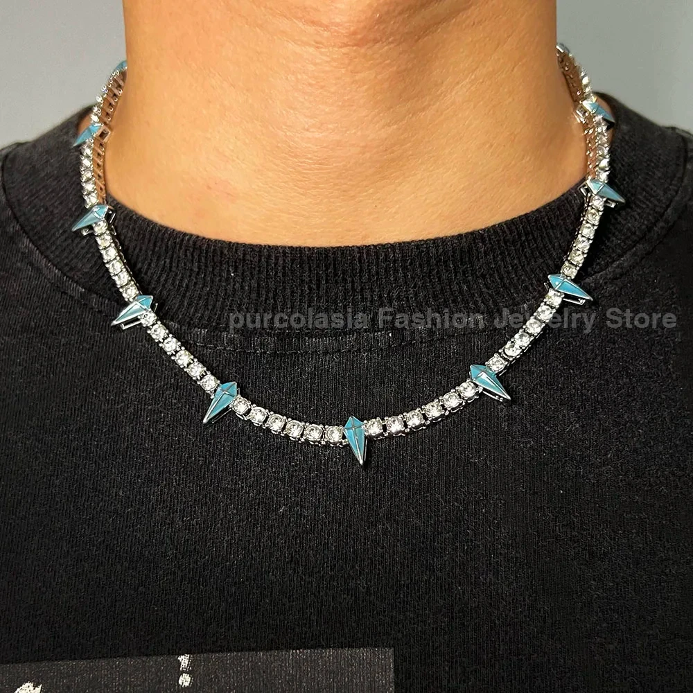 ULJ Hip Hop Lightning Pendant Dark Purple Iced Out CZ Tennis Chain Necklace Black Panther Rock Rivet Men Jewelry