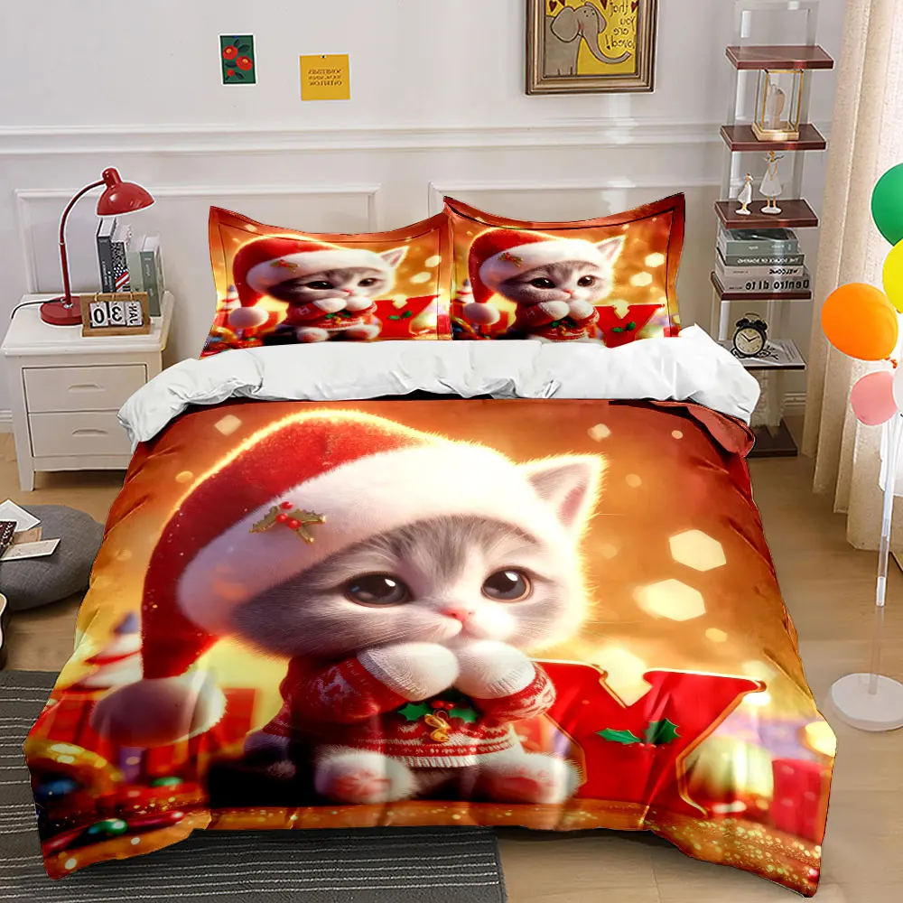 The cute kitten is wearing a Santa hat and a red coat Print Duvet Cover Bedding Set Included 1*Duvet Cover 2*Pillowcases