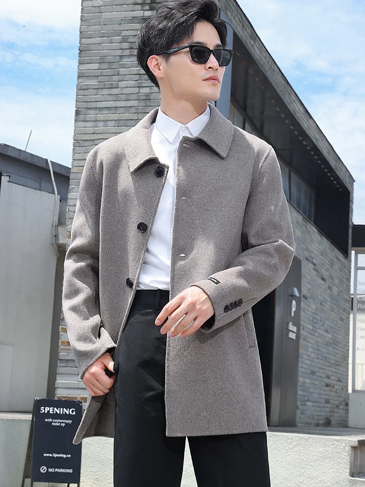 

2024 New Style Men's Coat 100% Pure Wool Polo Collar Korean Style Overcoat Fashion Business Jacket Cardigan Cashmere Sweater