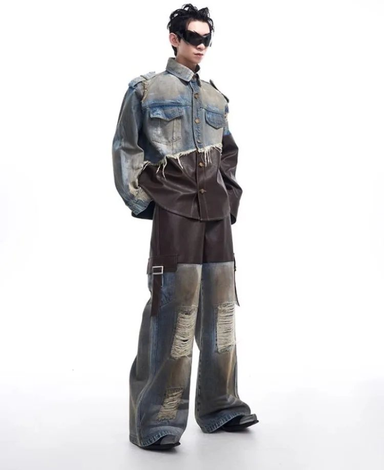 Pantalones desgastados Retro para mujer, traje de vaquero de otoño, pantalones vaqueros, ropa de calle Unisex, chaqueta vaquera de retales Vintage para mujer