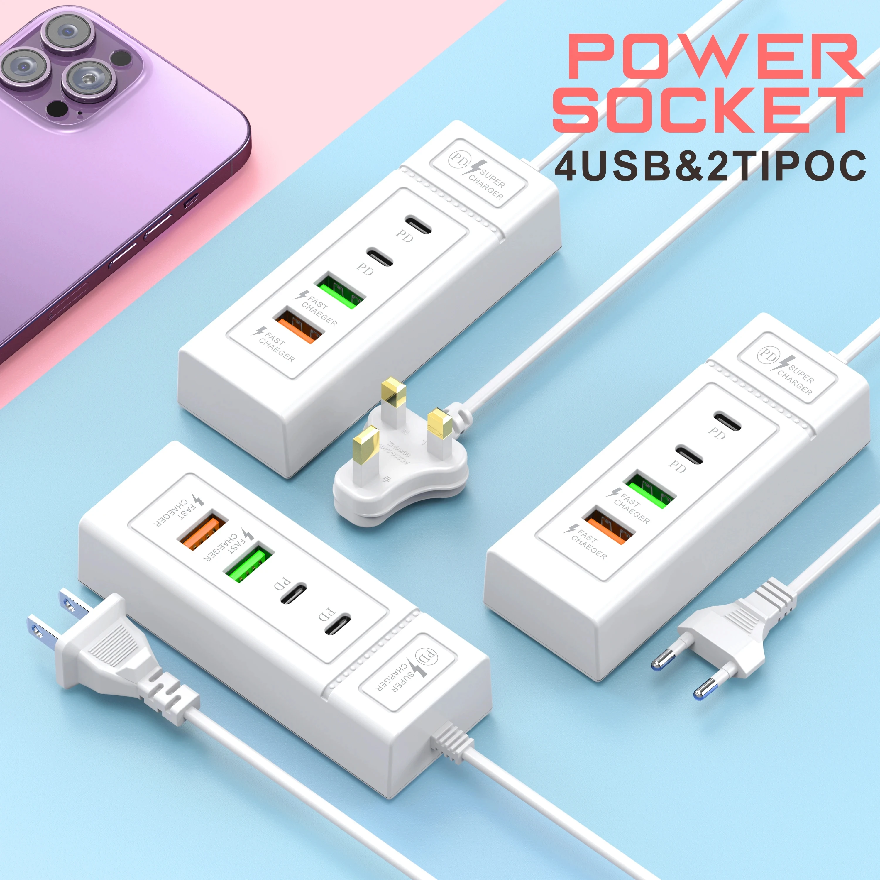 USB Type-C充電器,4ポートUSBハブ,3.0,急速充電,壁の充電,電話アダプター,iPhone, Xiaomi, Samsung,電源コンセント