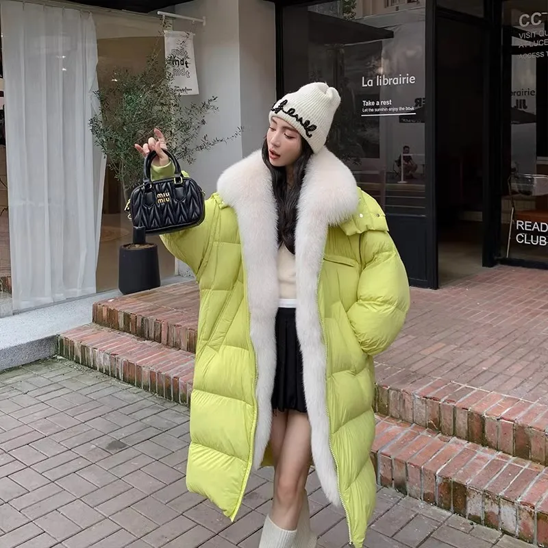 2025 ใหม่ฤดูหนาวยาวHooded Goose Down Down Jacketสําหรับผู้หญิงที่ถอดออกได้Fox Fur Collar Thicken Fur CoatsหญิงParker