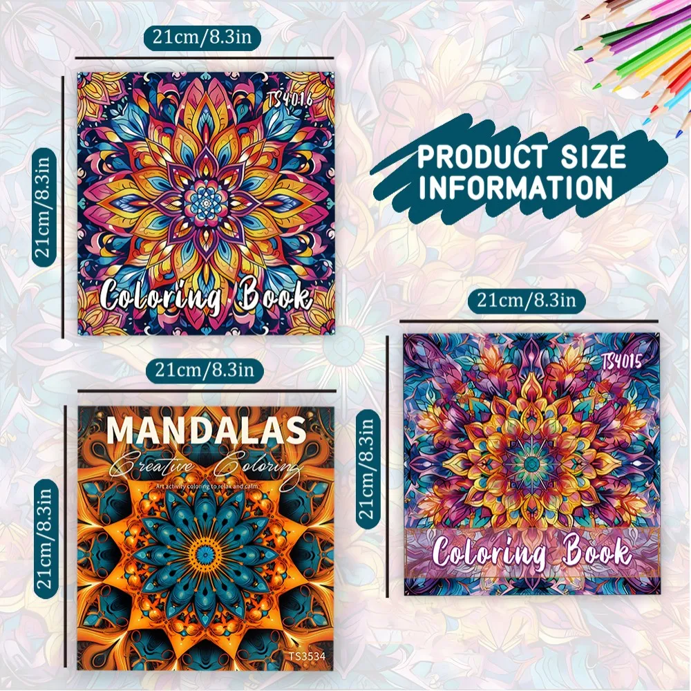 3 pcs, Colorful Mandala Adult Coloring Books, 8.3 x 8.3 inches, 30 pages per book - 100 gsm paper, Holiday Gift