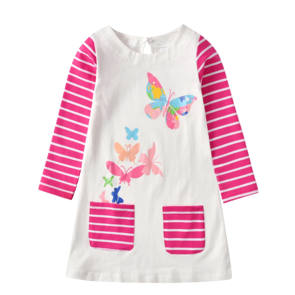 DXTON Autumn Girls Dress Stripe Cotton Dress Children Vestidos With Pocket Butterfly Print Kids Dresses for Girls Clothing 3-12Y