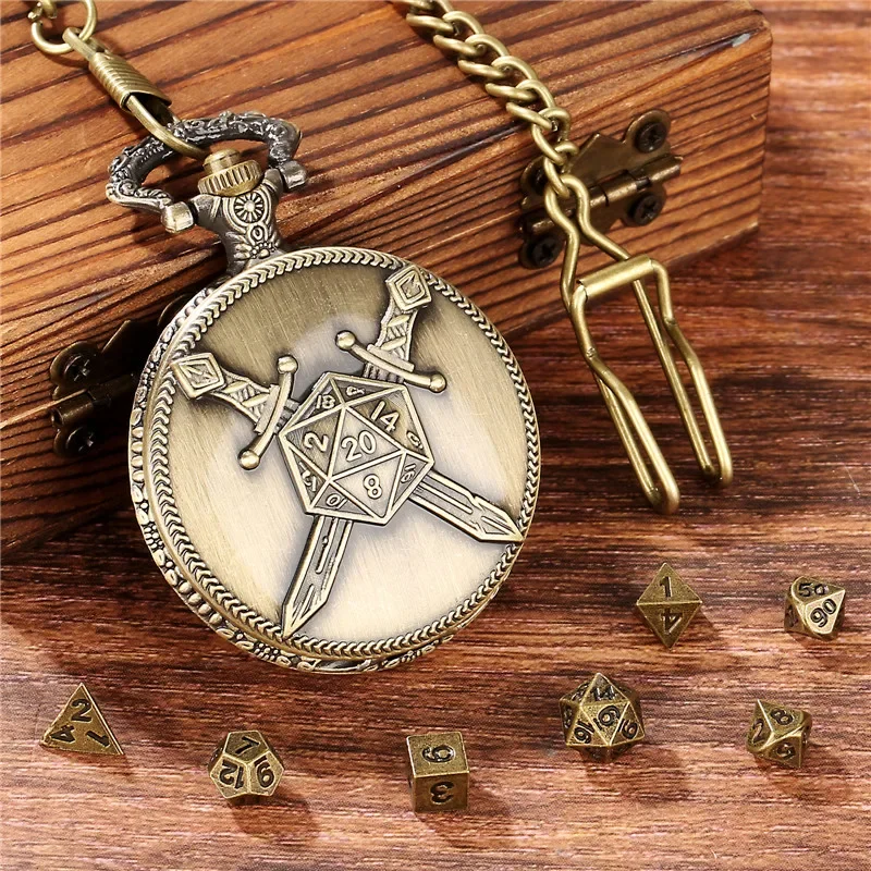 Steampunk 7 x مجموعة نرد متعدد السطوح معدنية صغيرة مع سيوف مقاتلة مزدوجة ساعة جيب حافظة فوب سلسلة لعب الأدوار النردات الألعاب