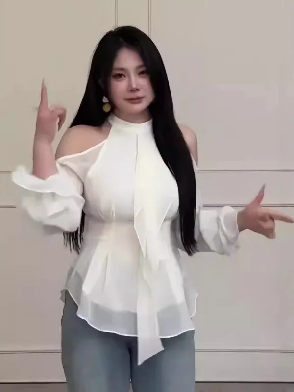 

plus Size Women's Gentle Elegant Shoulder Bared Chiffon Shirt Spring Summer Slim Fit High End Feeling Top Korean Style Gather...