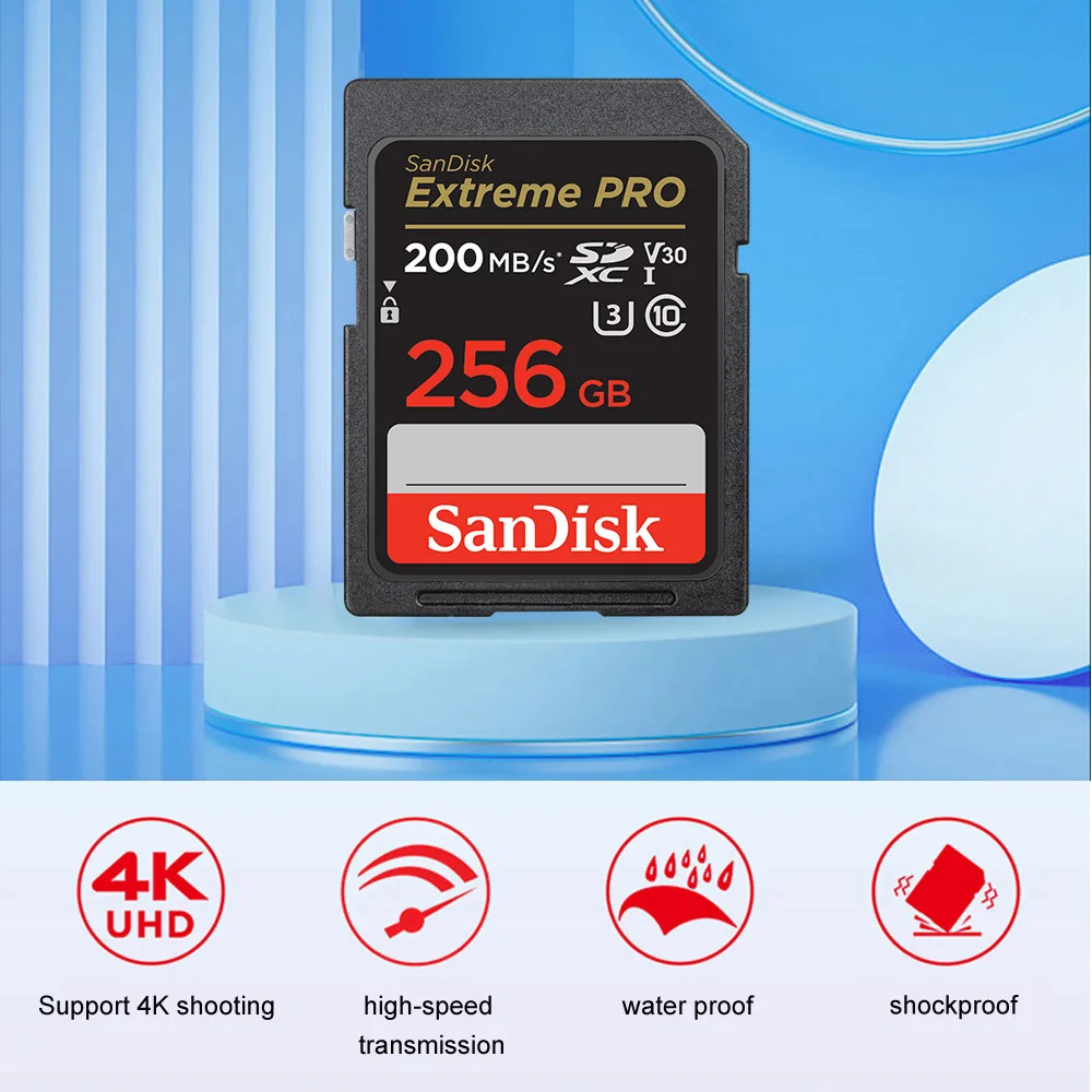 SanDisk Extreme PRO SD Card 32G 64G 128G 256G SDHC SDXC UHS-I C10 100M/s-200MB/s U3 Memory Card Support V30 4K For Camera/DV/SLR