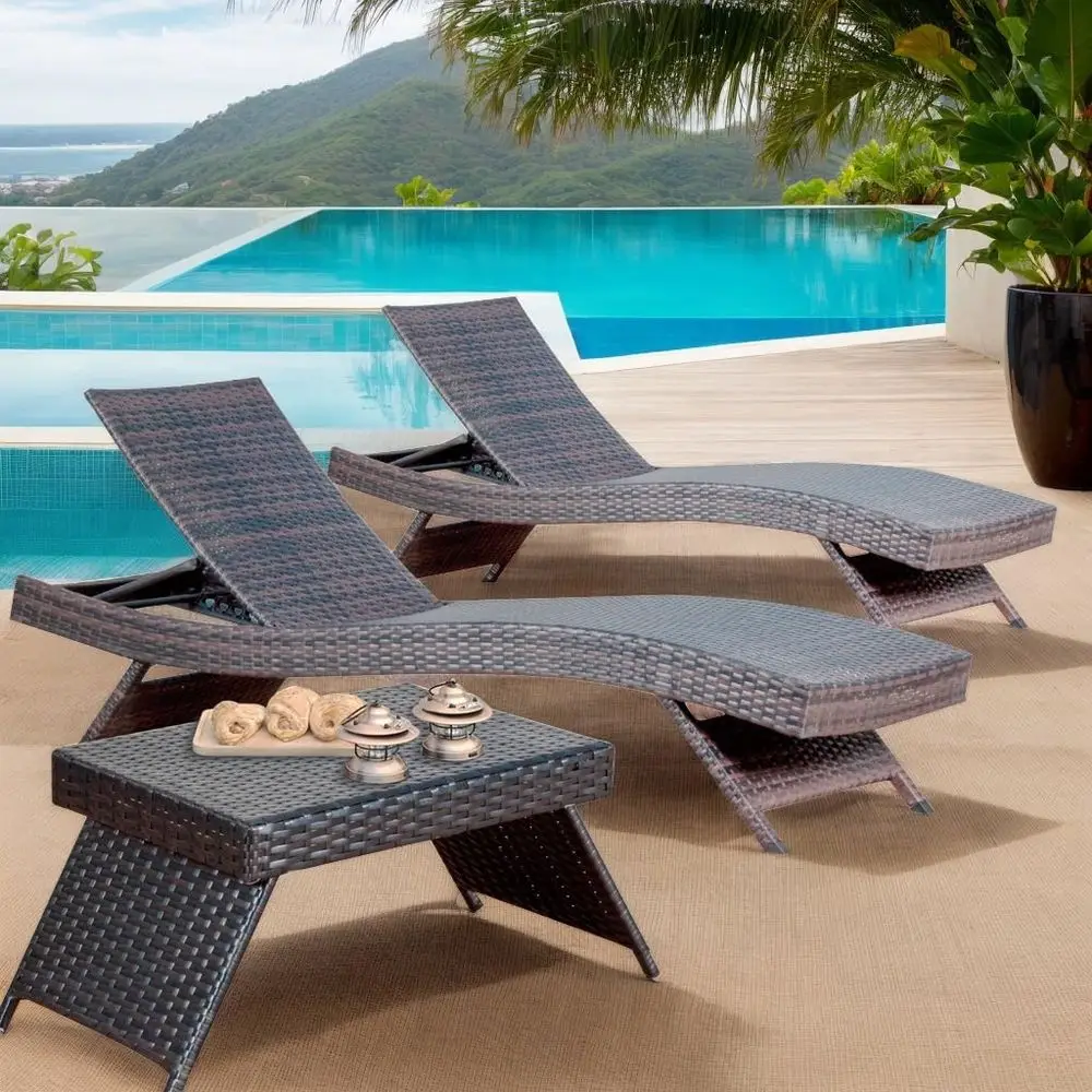 

79 Long Outdoor Reclining Wicker Lounge Chairs Set with 2 Chaises and Coffee Table