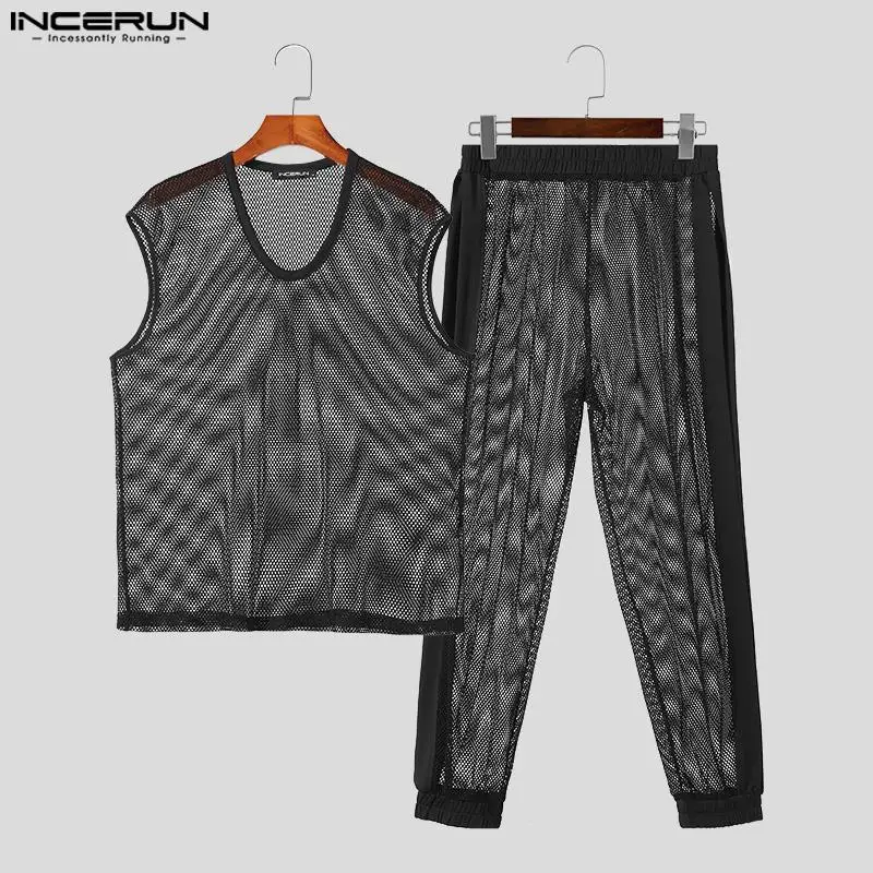 Men Sets Mesh Transparent Sexy Streetwear V Neck Sleeveless Tank Tops & Pants 2PCS Summer 2024 Fashion Men\'s Suits S-5XL INCERUN