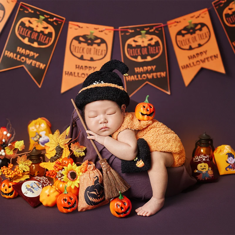 

Halloween Baby Costume Newborn Warm Jumpsuit+Pumpkin Shape Hat Cute Ghost Original Design Pumpkin Broom Scene Props Studio Photo
