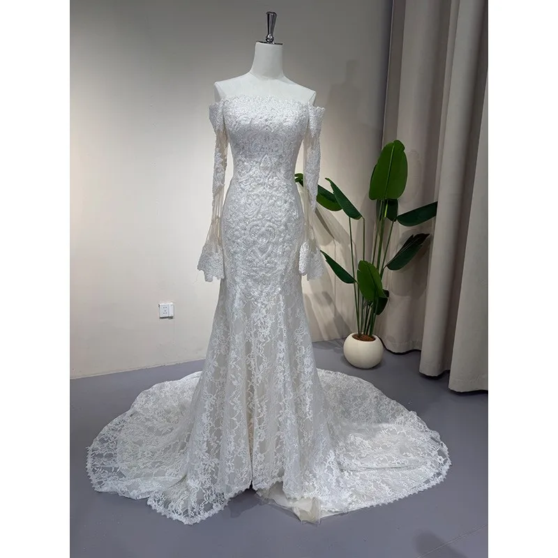 

One-shoulder light chiffon simple long-sleeved forest lace outdoor fishtail welcome dress