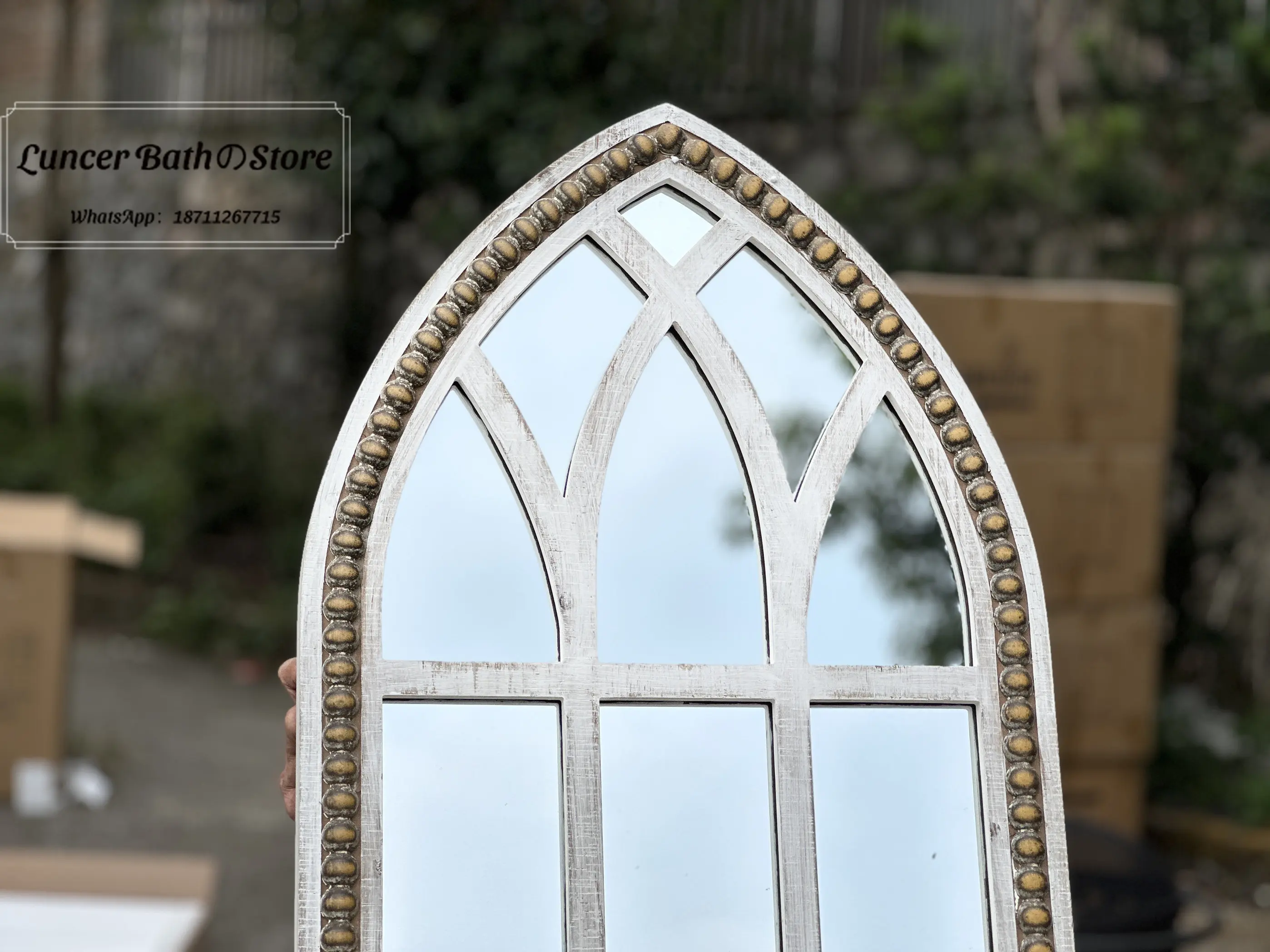Large Gothic Castle Faux Window Wall Mirror Vintage Ornate Carved Wood Frame American French Antique Decor Hanging Mirror