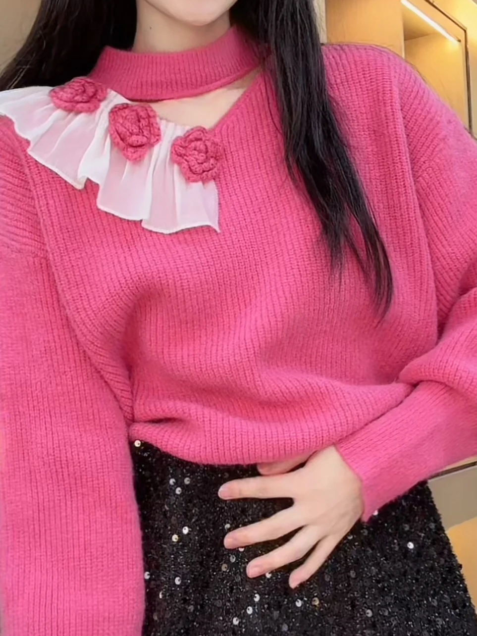 Women's Knitted Hollow out Ne Batwing Sve Sweaters Autumn Winter New Sle Purple Loose Fit Soft round Ne Long Sve