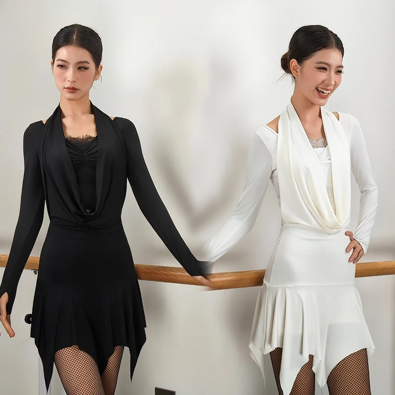 2025 Adult Female Latin Dance Hanging Neck Dress Long Sleeve Top For Women Rumba Chacha Latin Performance Practice Wear DQL12299