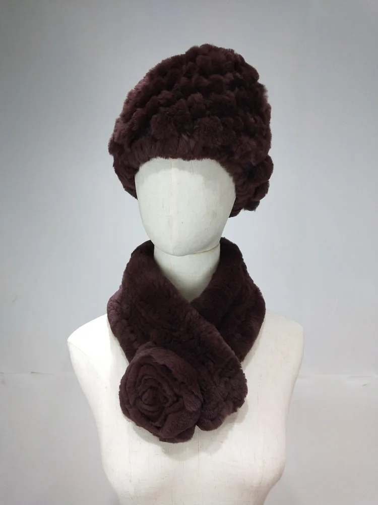 مجموعة وشاح قبعة من فراء أرنب ريكس الطبيعي للنساء، تصميم وردي شتوي محبوك لتدفئة الرقبة إكسسوارات دافئة وناعمة ومريحة