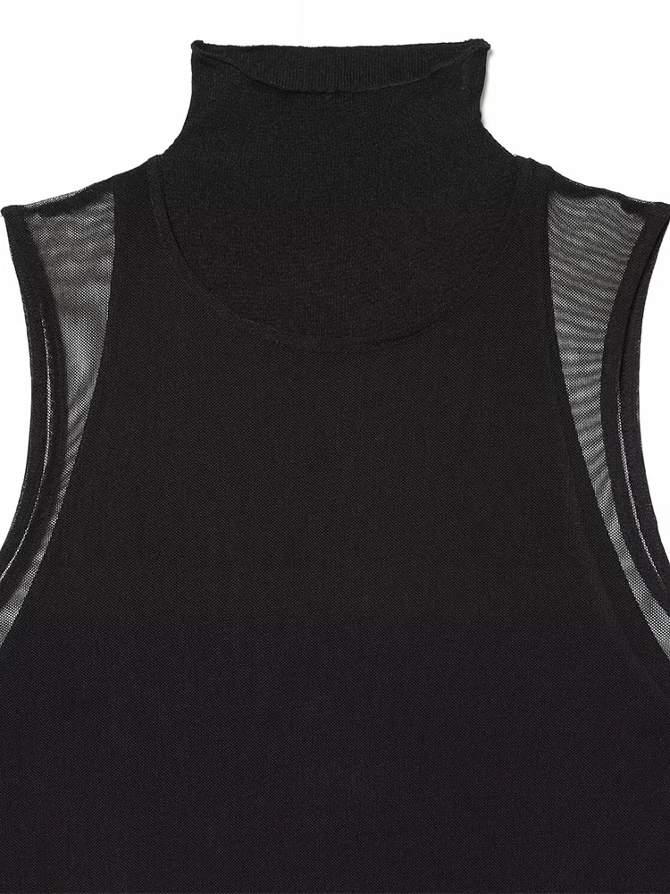 Novo vestido feminino de estilo europeu, elegante e versátil, elegante vestido de dupla camada sem mangas de cor sólida.