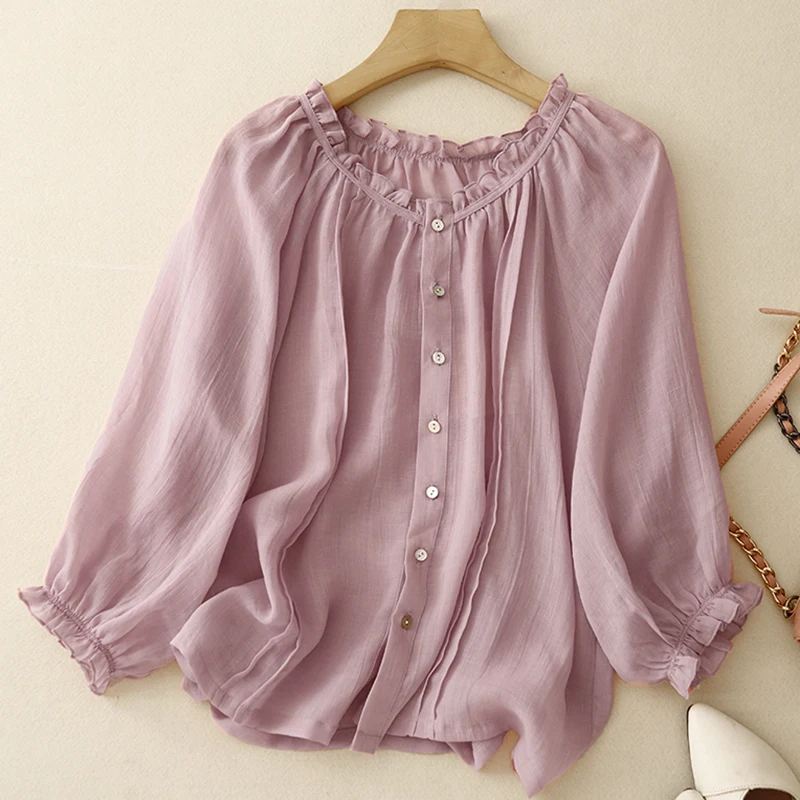 

Легкий розовый летний женский свободный льняной топ с кружевным воротником, художественный открытый кардиган из смесового хлопка