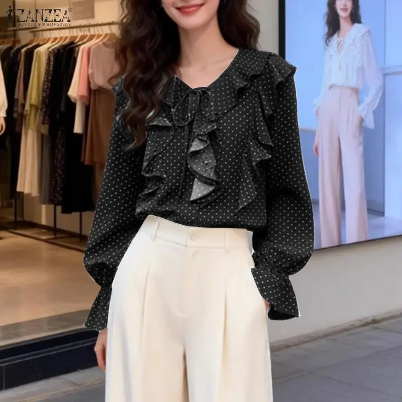 ZANZEA Blusas de lunares para mujer, elegantes blusas con volantes y cuello en V, mangas largas abullonadas, Blusas informales ligeras de verano para mujer