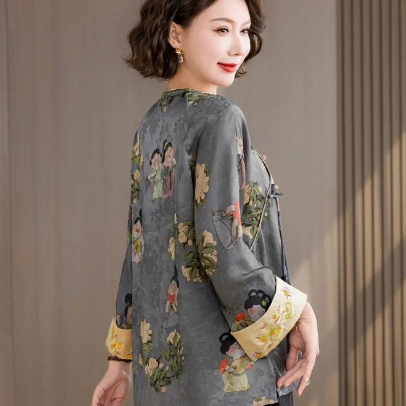 2025 الربيع الصيف النمط الصيني Hanfu بلايز المرأة فضفاضة تي شيرت مطبوع أنيقة الوطنية تانغ دعوى بلوزة الملابس التقليدية